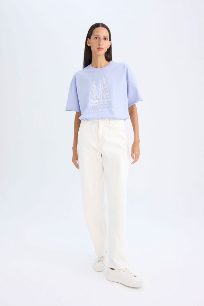 WOMAN Light Blue Oversize Fit Crew Neck Nautical Printed Cotton T-Shirt