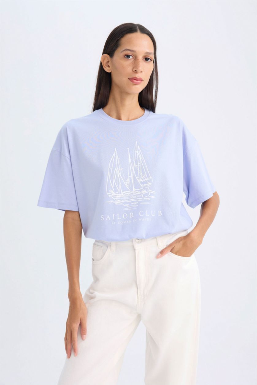 WOMAN Light Blue Oversize Fit Crew Neck Nautical Printed Cotton T-Shirt