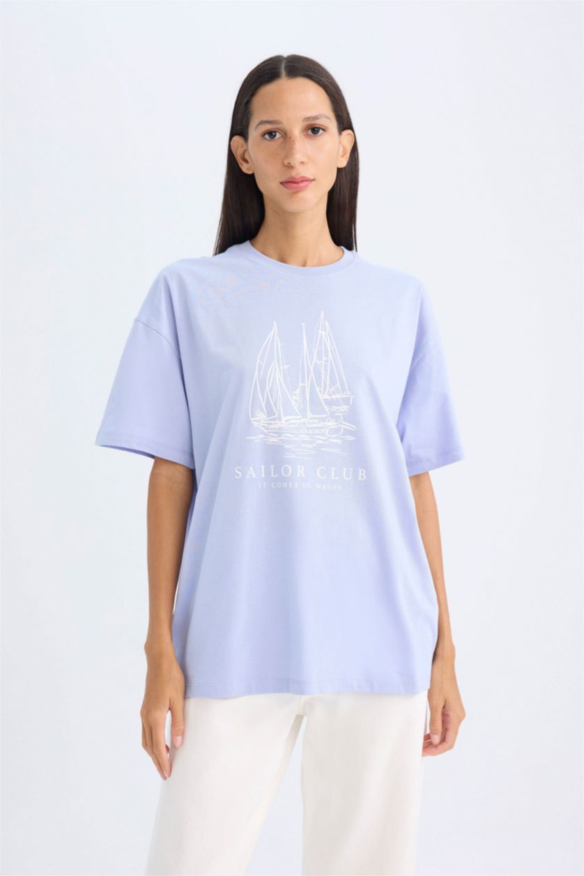 WOMAN Light Blue Oversize Fit Crew Neck Nautical Printed Cotton T-Shirt