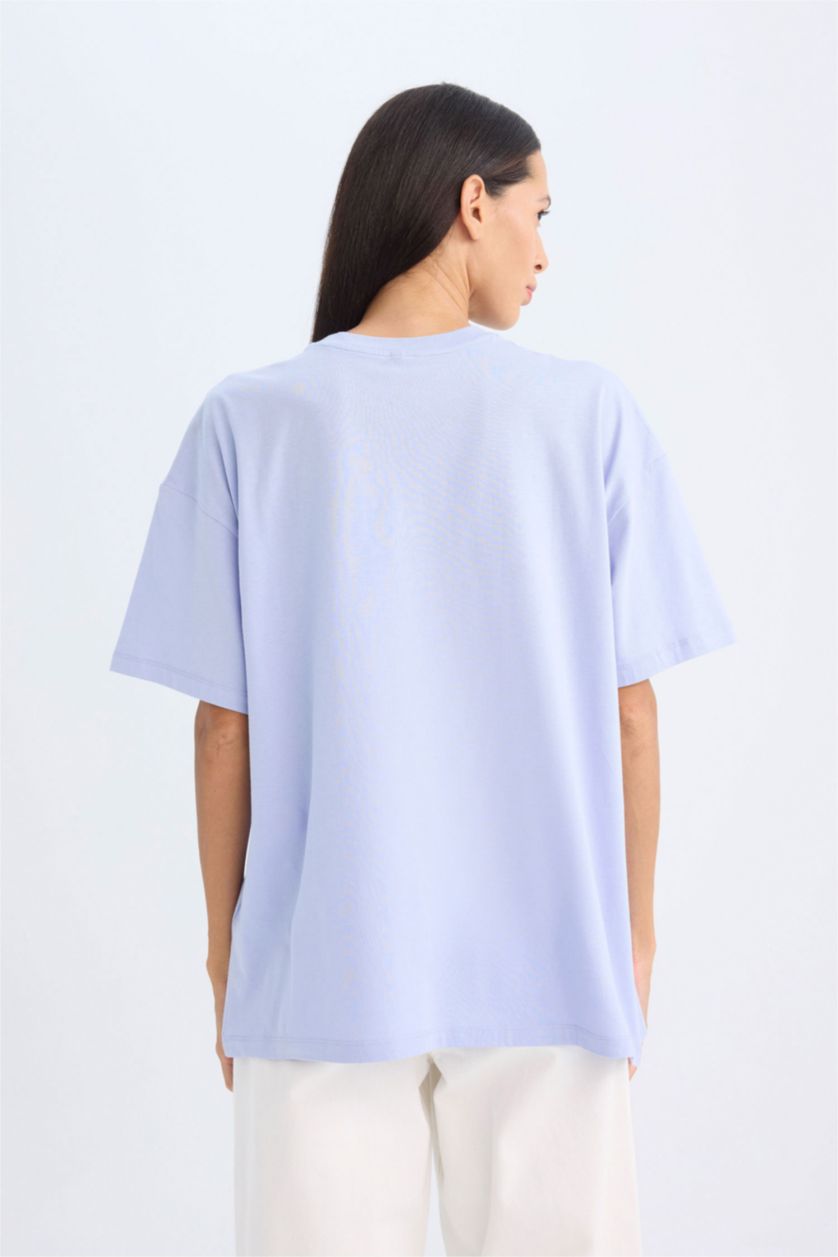 WOMAN Light Blue Oversize Fit Crew Neck Nautical Printed Cotton T-Shirt