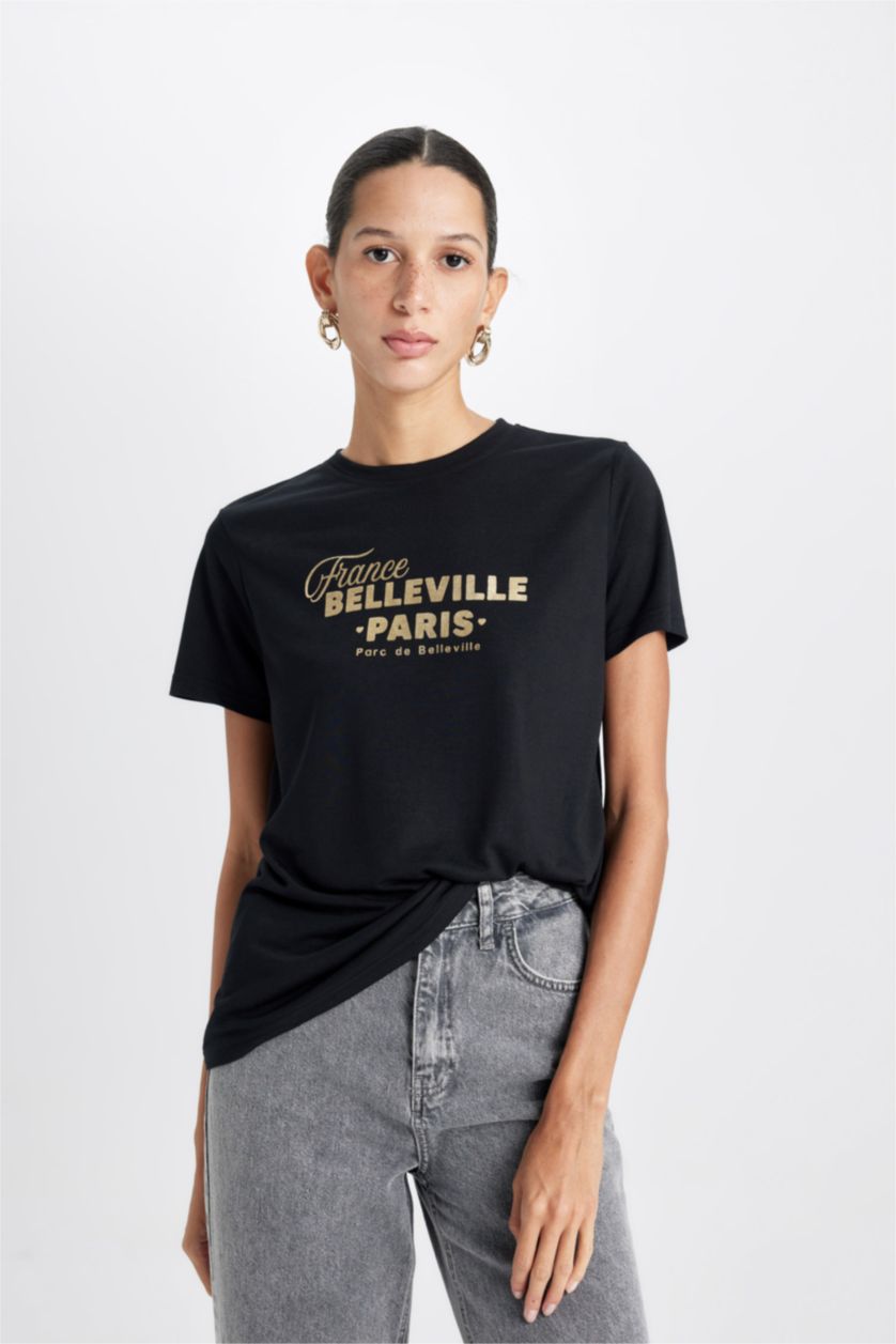WOMAN Black Regular Fit Short Sleeve T-Shirt