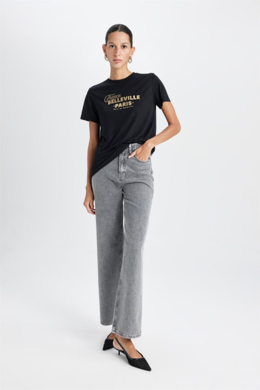 WOMAN Black Regular Fit Short Sleeve T-Shirt