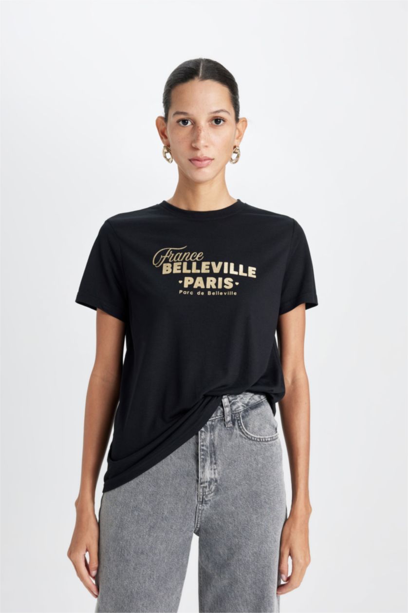 WOMAN Black Regular Fit Short Sleeve T-Shirt