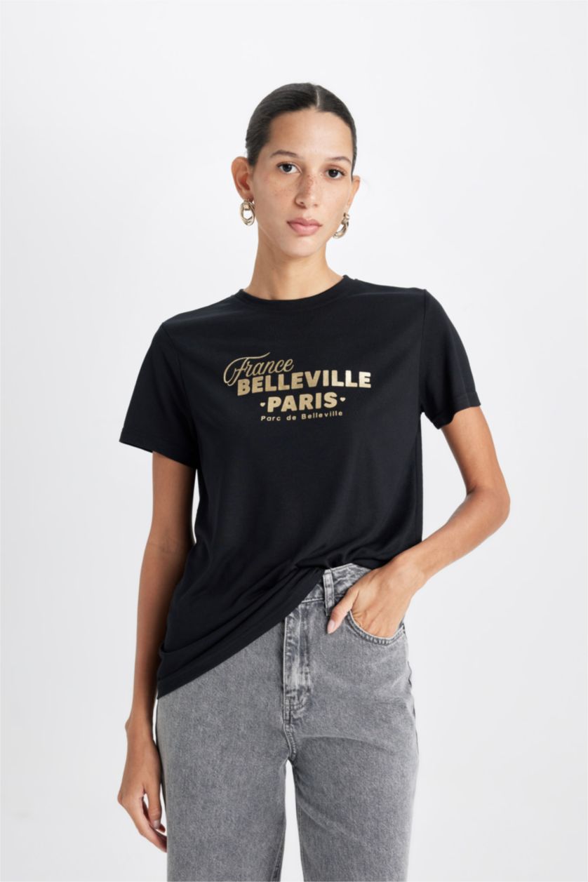 WOMAN Black Regular Fit Short Sleeve T-Shirt