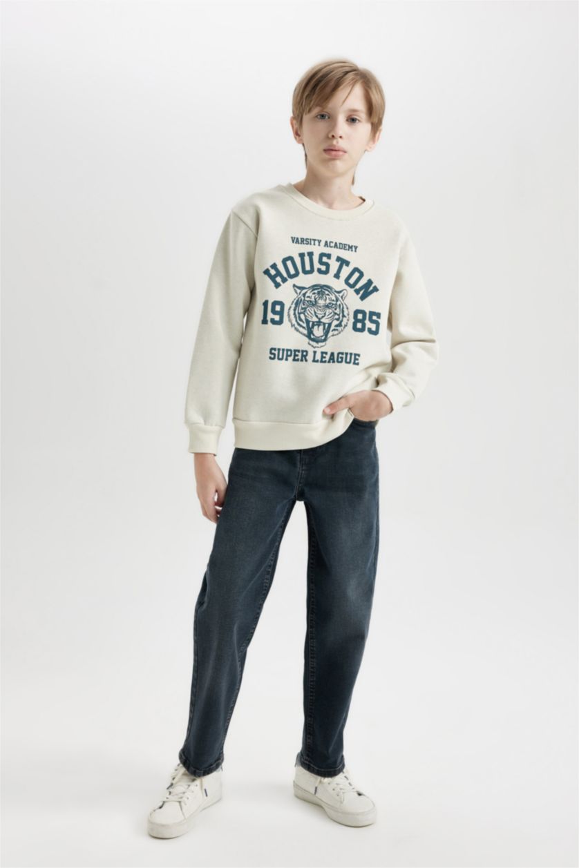 Erkek Çocuk - Genç Erkek Ekru Bisiklet Yaka Baskılı Sweatshirt Erkek Çocuk