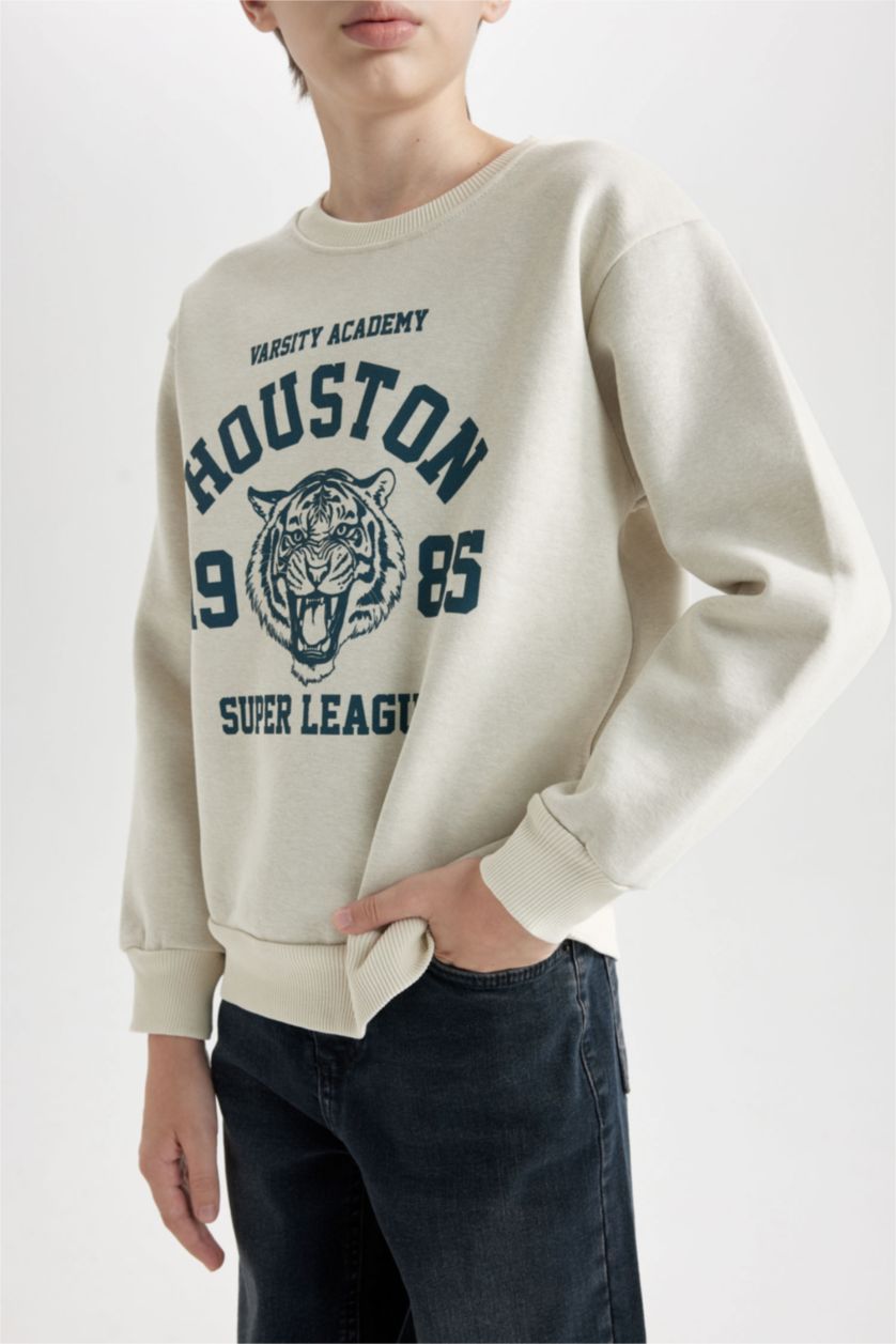 Erkek Çocuk - Genç Erkek Ekru Bisiklet Yaka Baskılı Sweatshirt Erkek Çocuk