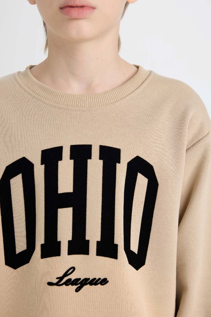 Erkek Çocuk - Genç Erkek Bej Bisiklet Yaka Baskılı Sweatshirt Erkek Çocuk