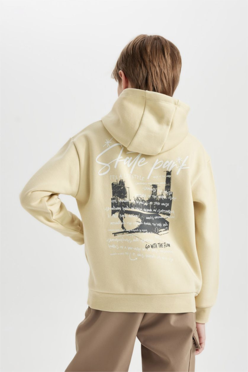 Erkek Çocuk - Genç Erkek Bej Erkek Çocuk Kapüşonlu Sırt Baskılı Sweatshirt