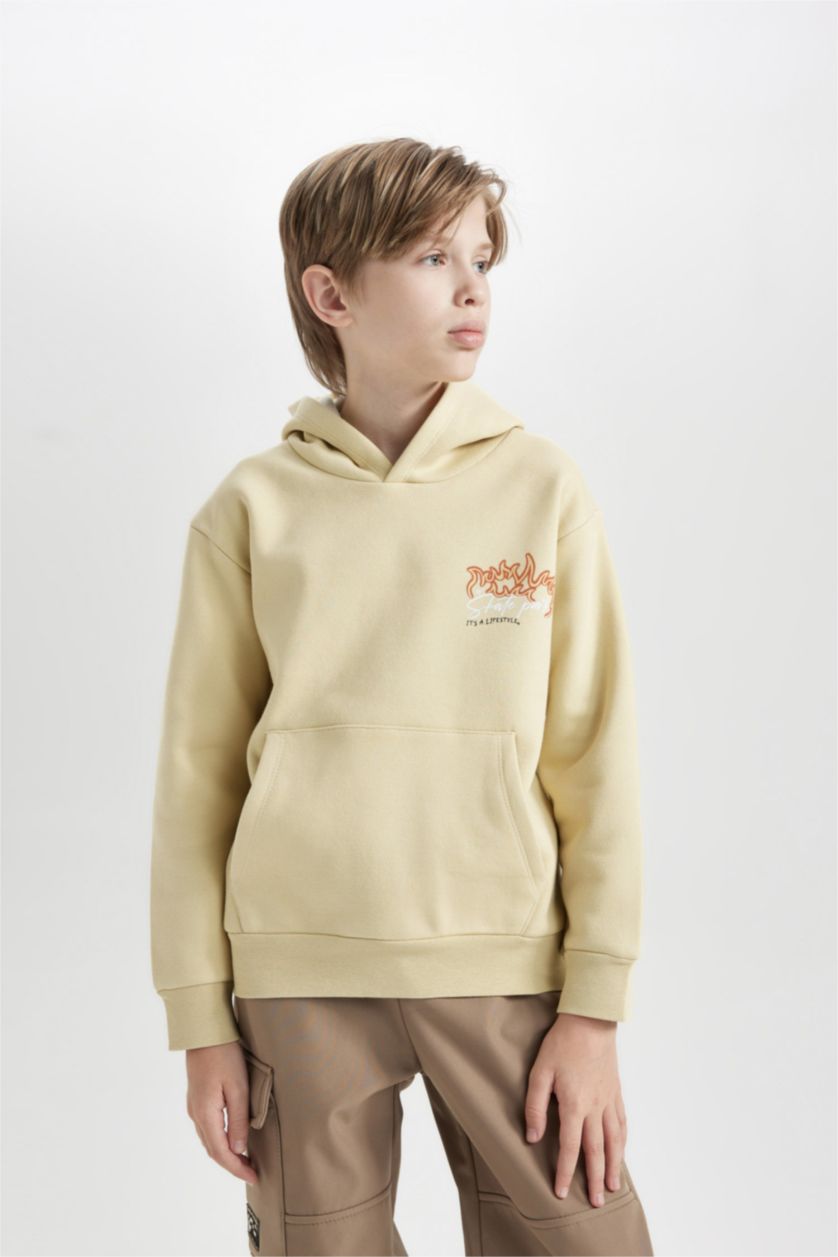 Erkek Çocuk - Genç Erkek Bej Erkek Çocuk Kapüşonlu Sırt Baskılı Sweatshirt