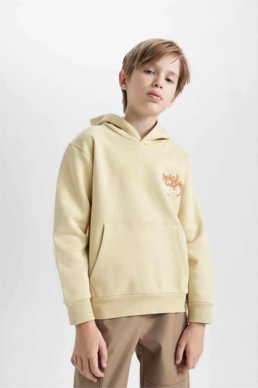 Erkek Çocuk - Genç Erkek Bej Erkek Çocuk Kapüşonlu Sırt Baskılı Sweatshirt