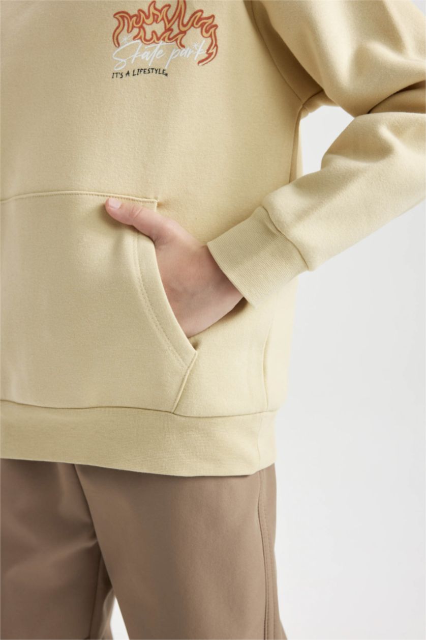 Erkek Çocuk - Genç Erkek Bej Erkek Çocuk Kapüşonlu Sırt Baskılı Sweatshirt