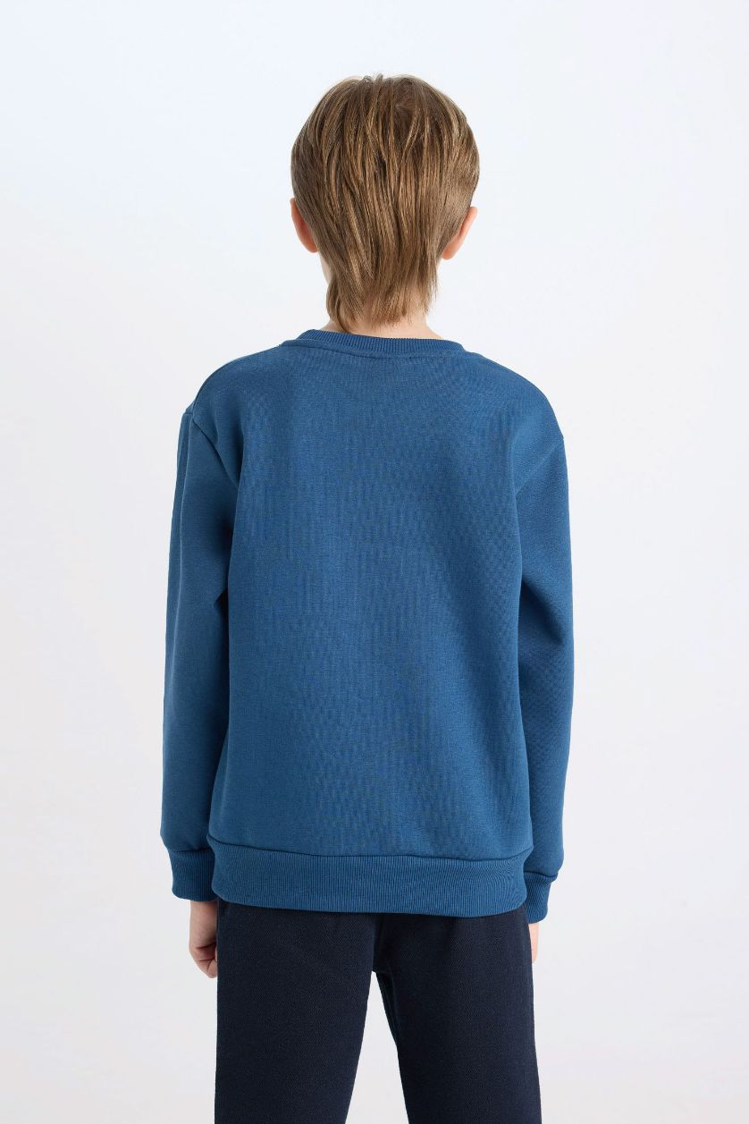 Erkek Çocuk - Genç Erkek İndigo Lacivert Bisiklet Yaka Nakışlı Sweatshirt Erkek Çocuk