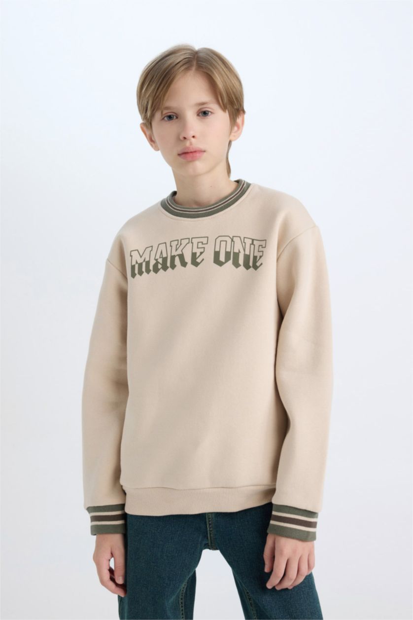 BOYS & TEENS Beige Boy Crew Neck Printed Thick Sweatshirt
