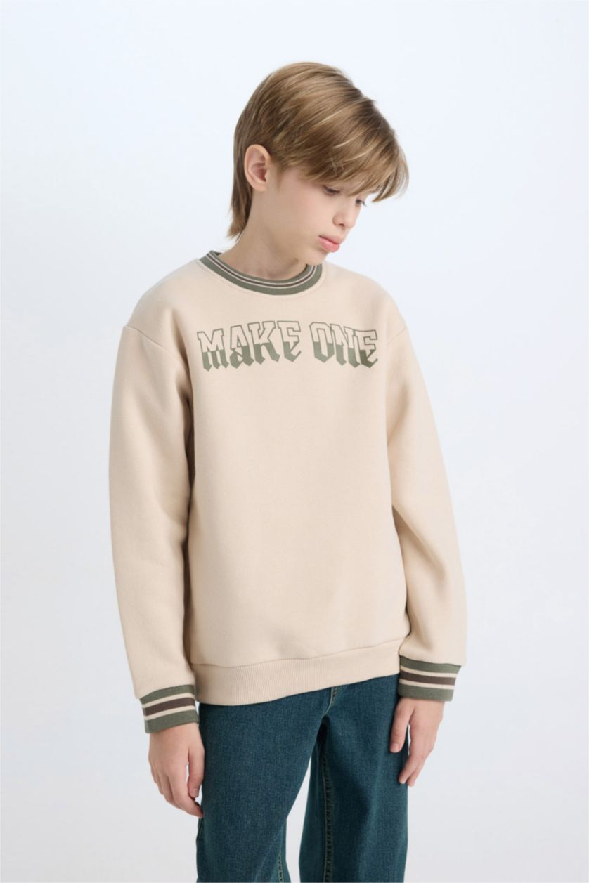 BOYS & TEENS Beige Boy Crew Neck Printed Thick Sweatshirt