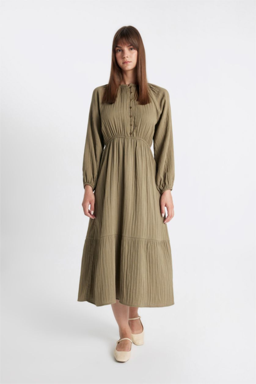 WOMAN Khaki Relax Fit Crew Neck Linen Blend Long Sleeve Dress