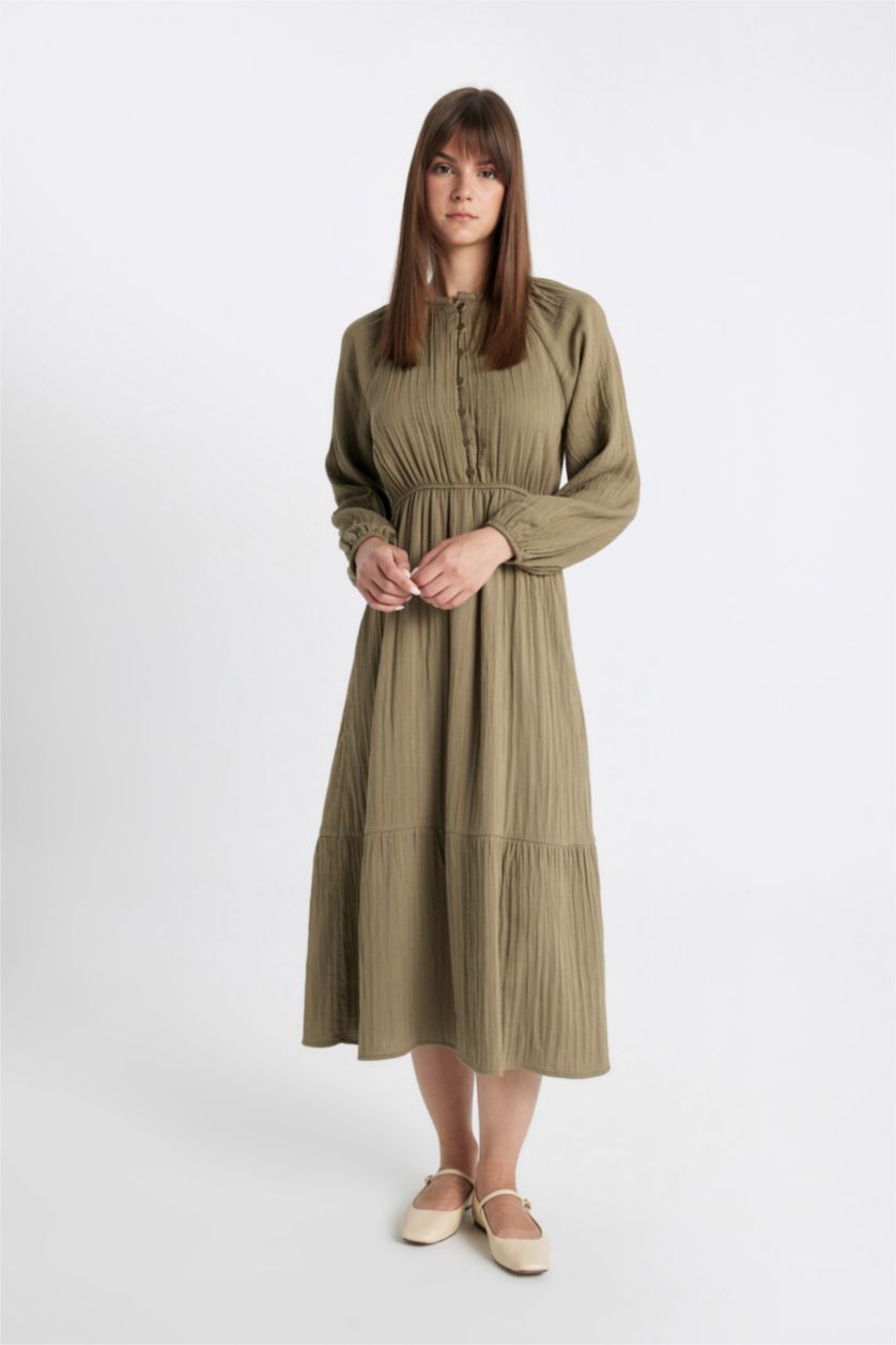 WOMAN Khaki Relax Fit Crew Neck Linen Blend Long Sleeve Dress