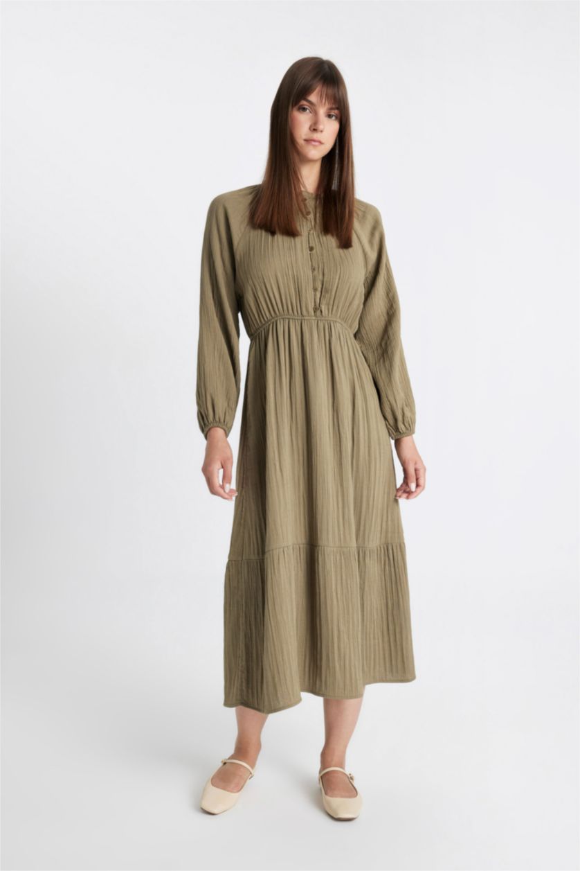 WOMAN Khaki Relax Fit Crew Neck Linen Blend Long Sleeve Dress