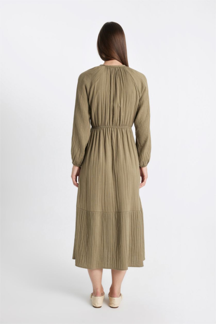 WOMAN Khaki Relax Fit Crew Neck Linen Blend Long Sleeve Dress