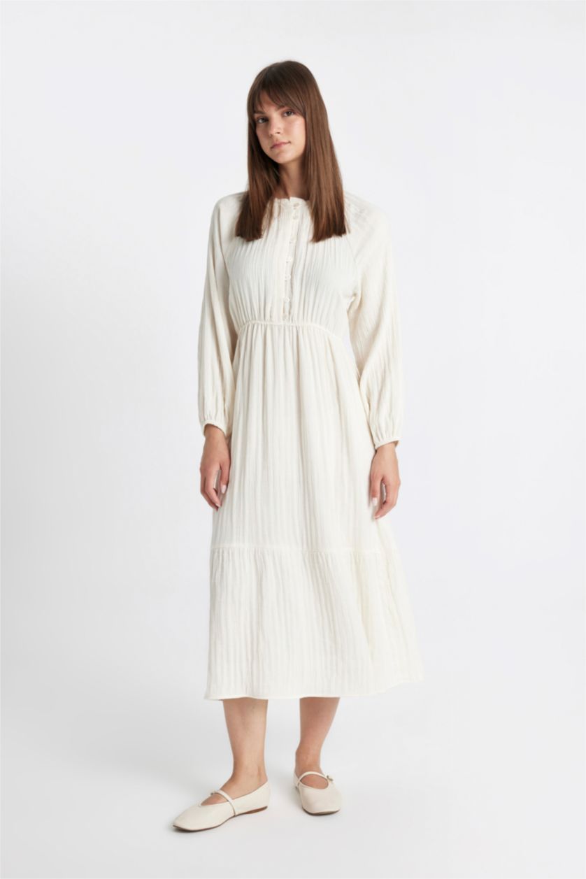 FEMME Blanc Robe Longue en Lin Mélangé décontractée à Manches Longues et Col Rond