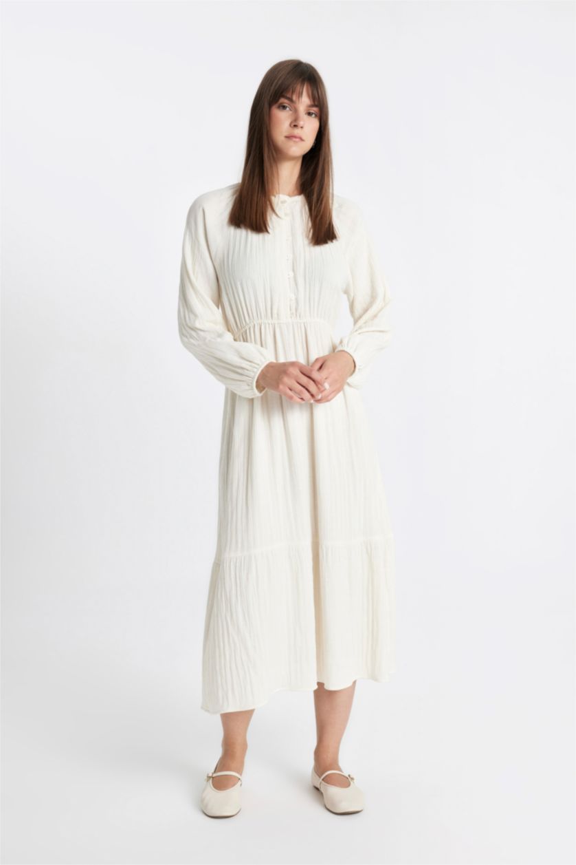 FEMME Blanc Robe Longue en Lin Mélangé décontractée à Manches Longues et Col Rond