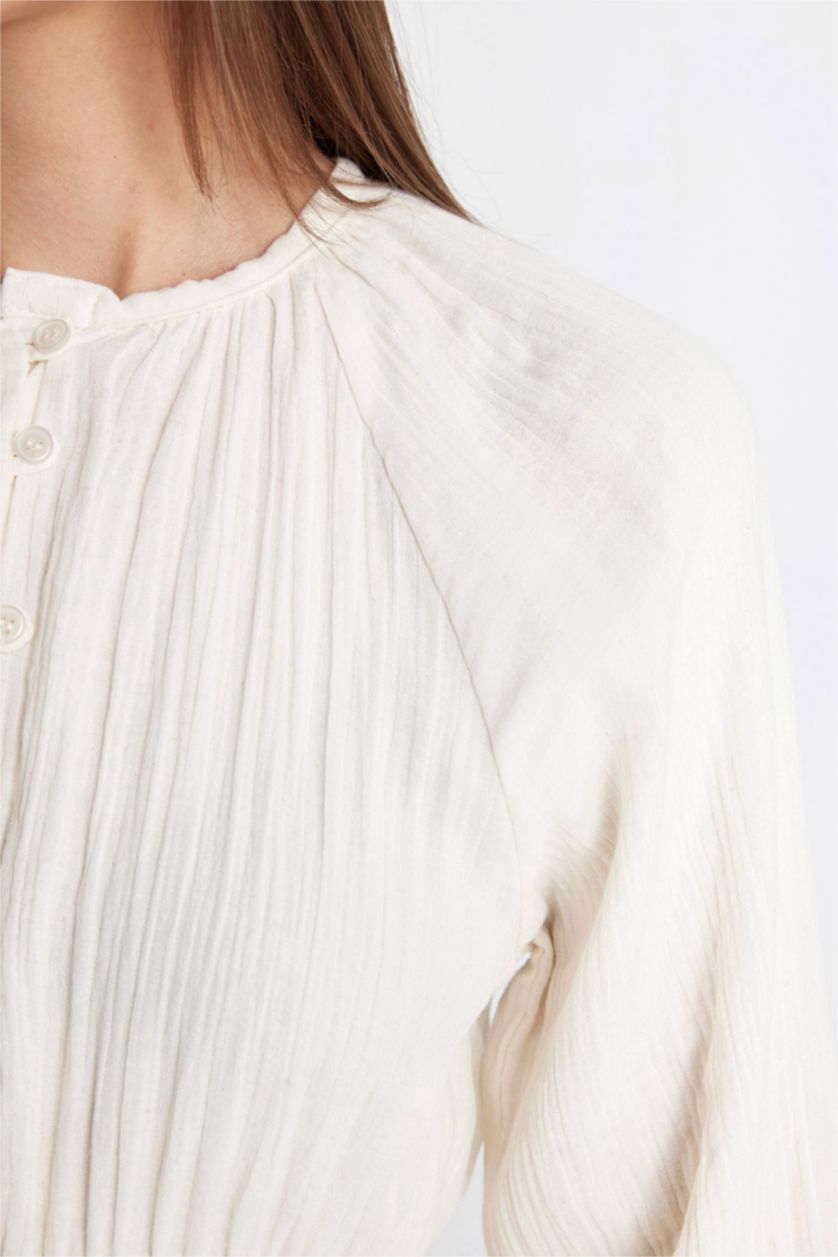 FEMME Blanc Robe Longue en Lin Mélangé décontractée à Manches Longues et Col Rond