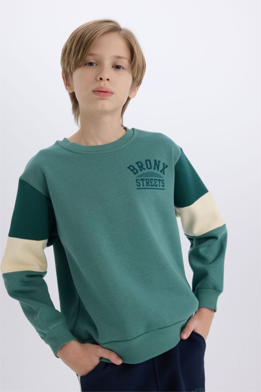Erkek Çocuk - Genç Erkek Yeşil Erkek Çocuk Bisiklet Yaka Baskılı Sweatshirt