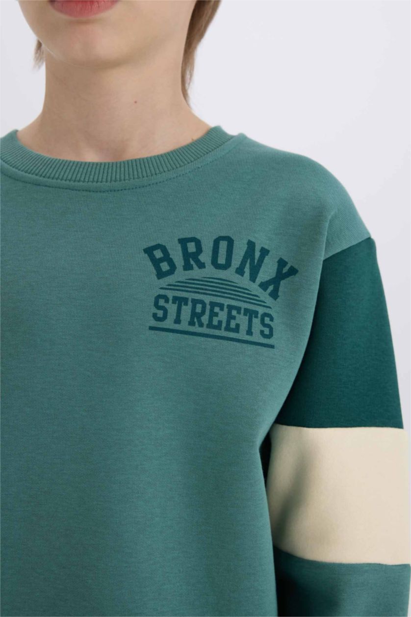 Erkek Çocuk - Genç Erkek Yeşil Erkek Çocuk Bisiklet Yaka Baskılı Sweatshirt