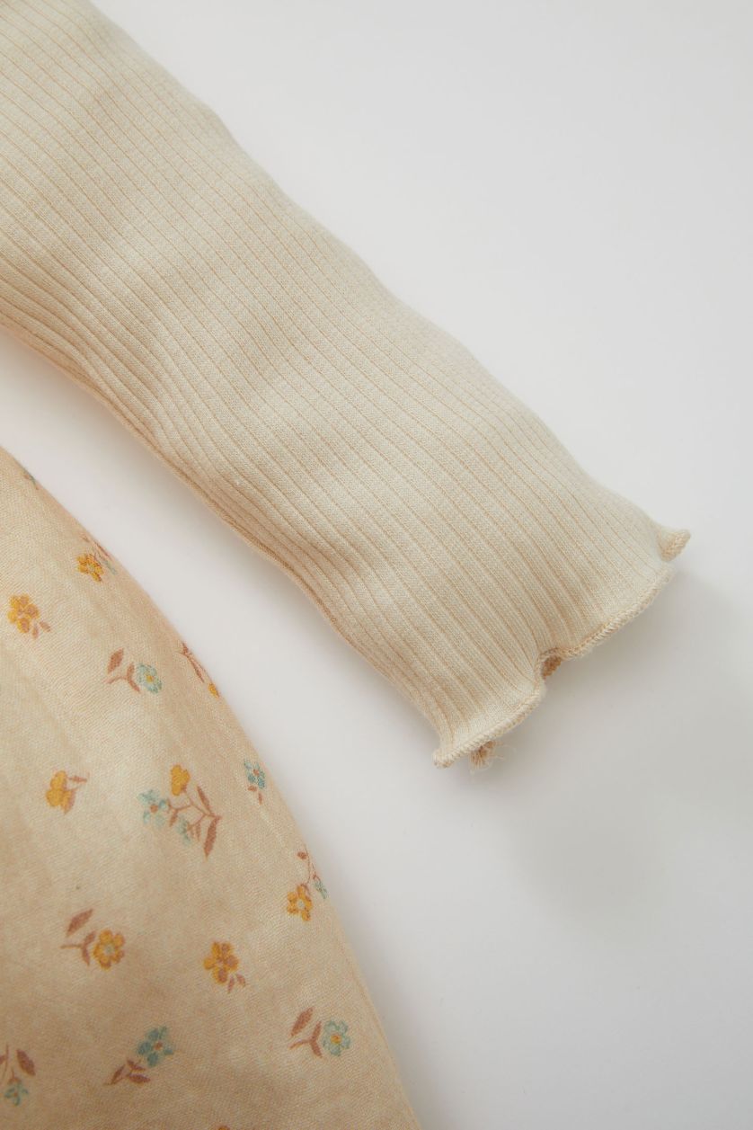 طفلة صغيرة اللون الحجري فستان بيبي بناتي فلورال مضلع قصة عادية كم طويل بياقة مستديرة