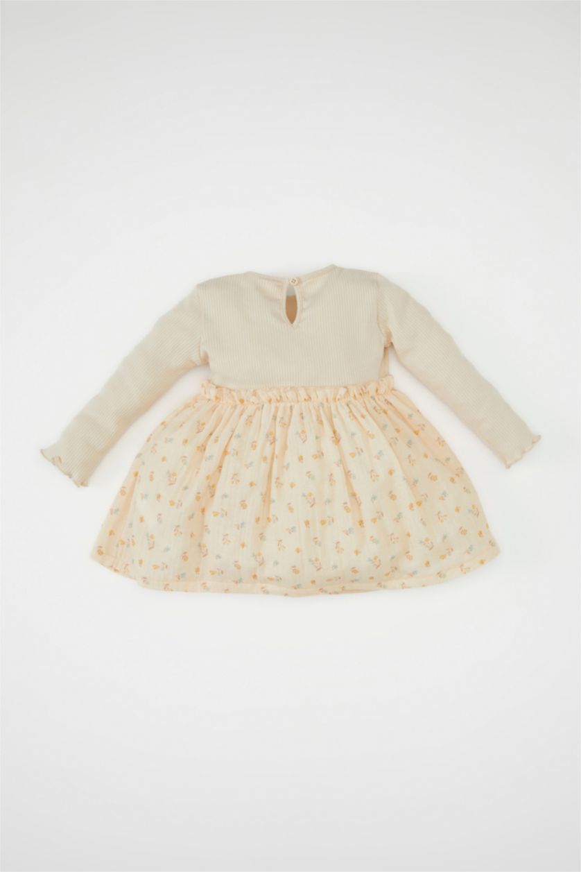 طفلة صغيرة اللون الحجري فستان بيبي بناتي فلورال مضلع قصة عادية كم طويل بياقة مستديرة