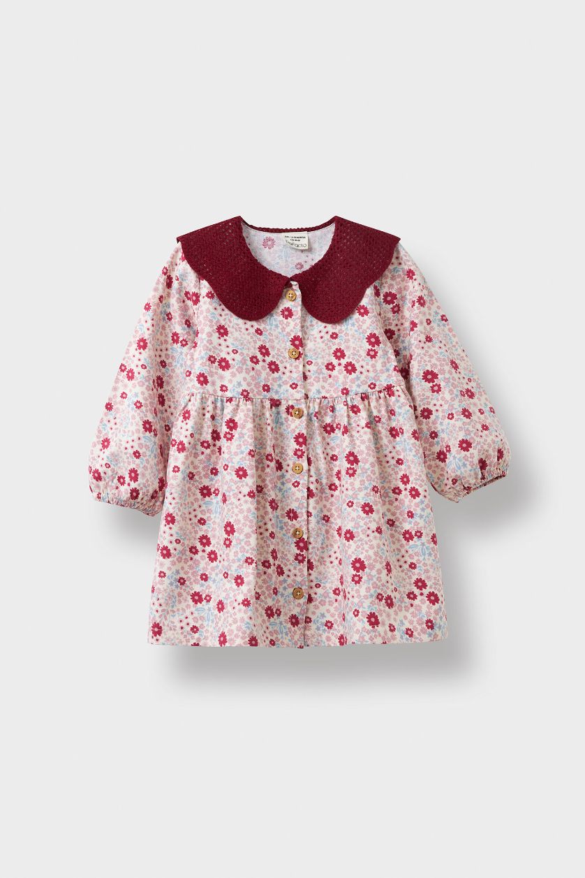 Kız Bebek Ekru Bebe Yaka Çiçekli Uzun Kollu Twill Elbise Kız Bebek