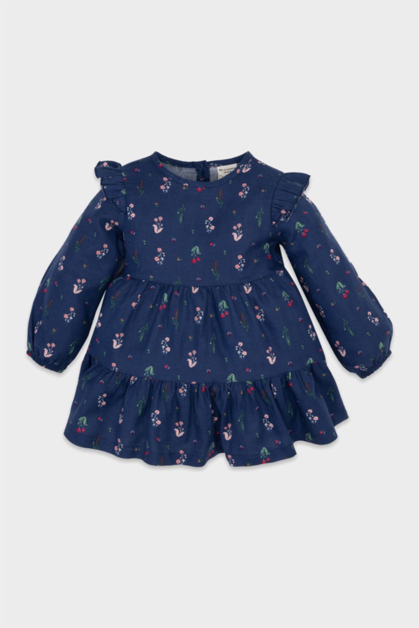 Kız Bebek Lacivert Kız Bebek Bisiklet Yaka Çiçek Desenli Fırfırlı Uzun Kollu Twill Elbise