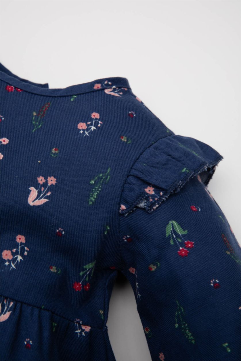 Kız Bebek Lacivert Kız Bebek Bisiklet Yaka Çiçek Desenli Fırfırlı Uzun Kollu Twill Elbise