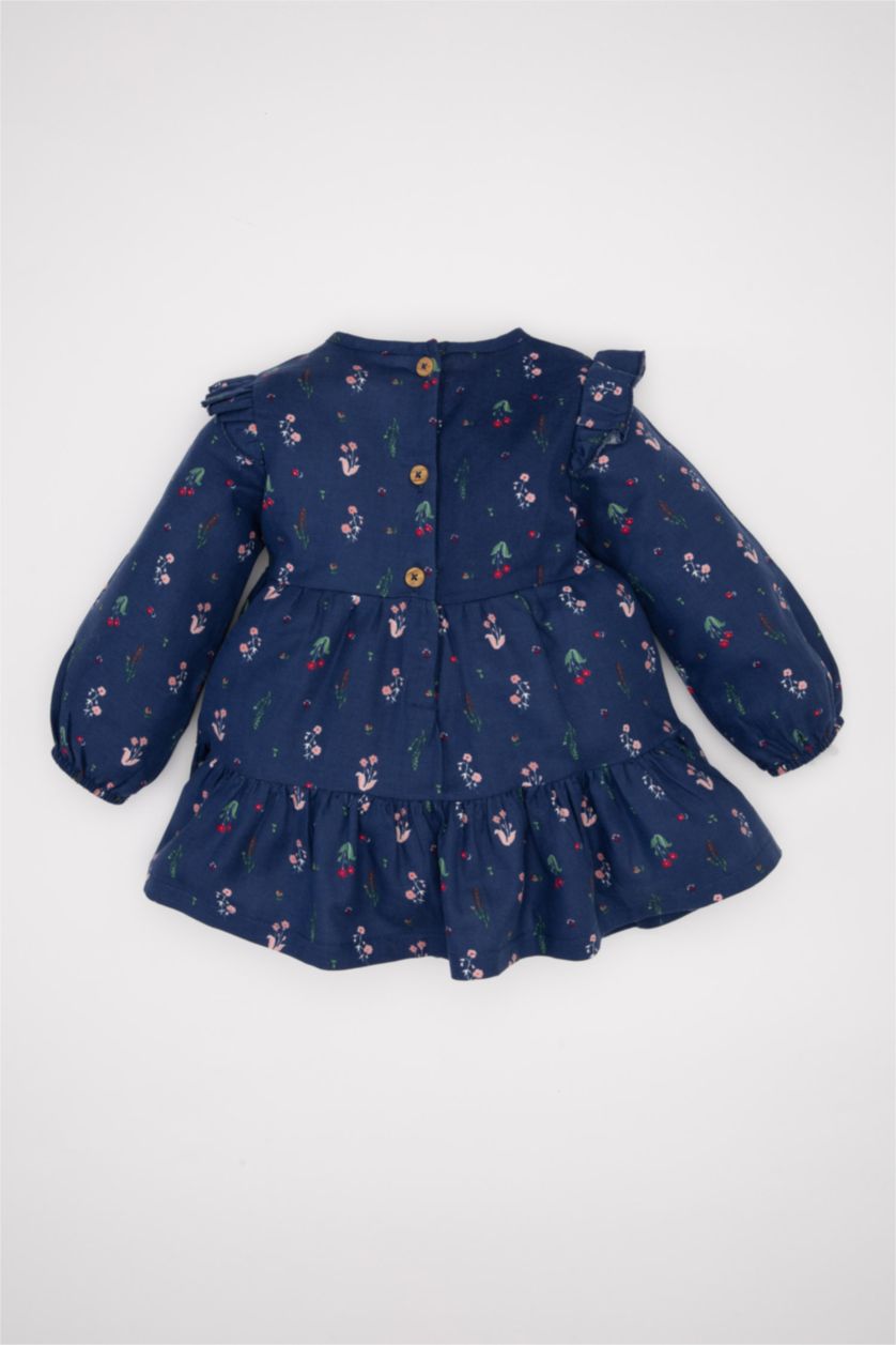 Kız Bebek Lacivert Kız Bebek Bisiklet Yaka Çiçek Desenli Fırfırlı Uzun Kollu Twill Elbise