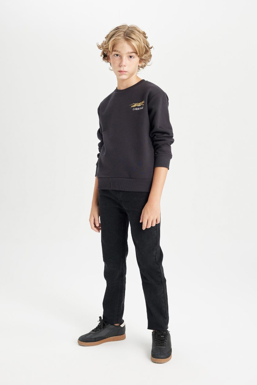 Erkek Çocuk - Genç Erkek Koyu Antrasit Baskılı Bisiklet Yaka Sweatshirt Erkek Çocuk