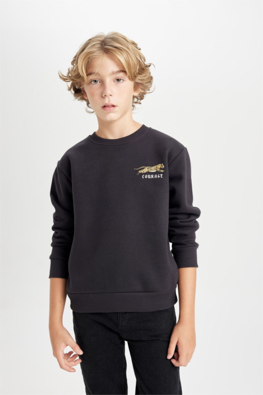 Erkek Çocuk - Genç Erkek Koyu Antrasit Baskılı Bisiklet Yaka Sweatshirt Erkek Çocuk