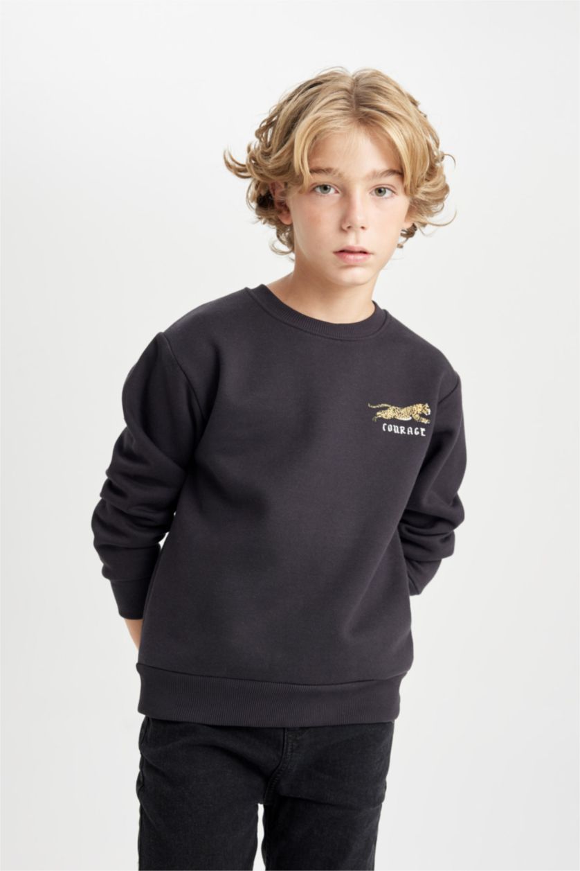 Erkek Çocuk - Genç Erkek Koyu Antrasit Baskılı Bisiklet Yaka Sweatshirt Erkek Çocuk