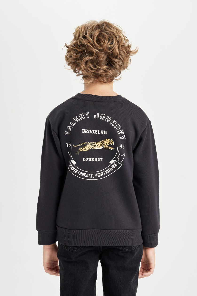 Erkek Çocuk - Genç Erkek Koyu Antrasit Baskılı Bisiklet Yaka Sweatshirt Erkek Çocuk