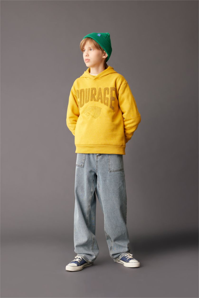 Erkek Çocuk - Genç Erkek Sarı Erkek Çocuk Oversize Geniş Kalıp Baskılı Kapüşonlu Sweatshirt