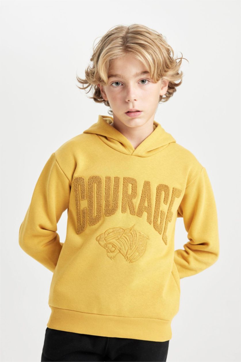 Erkek Çocuk - Genç Erkek Sarı Erkek Çocuk Oversize Geniş Kalıp Baskılı Kapüşonlu Sweatshirt