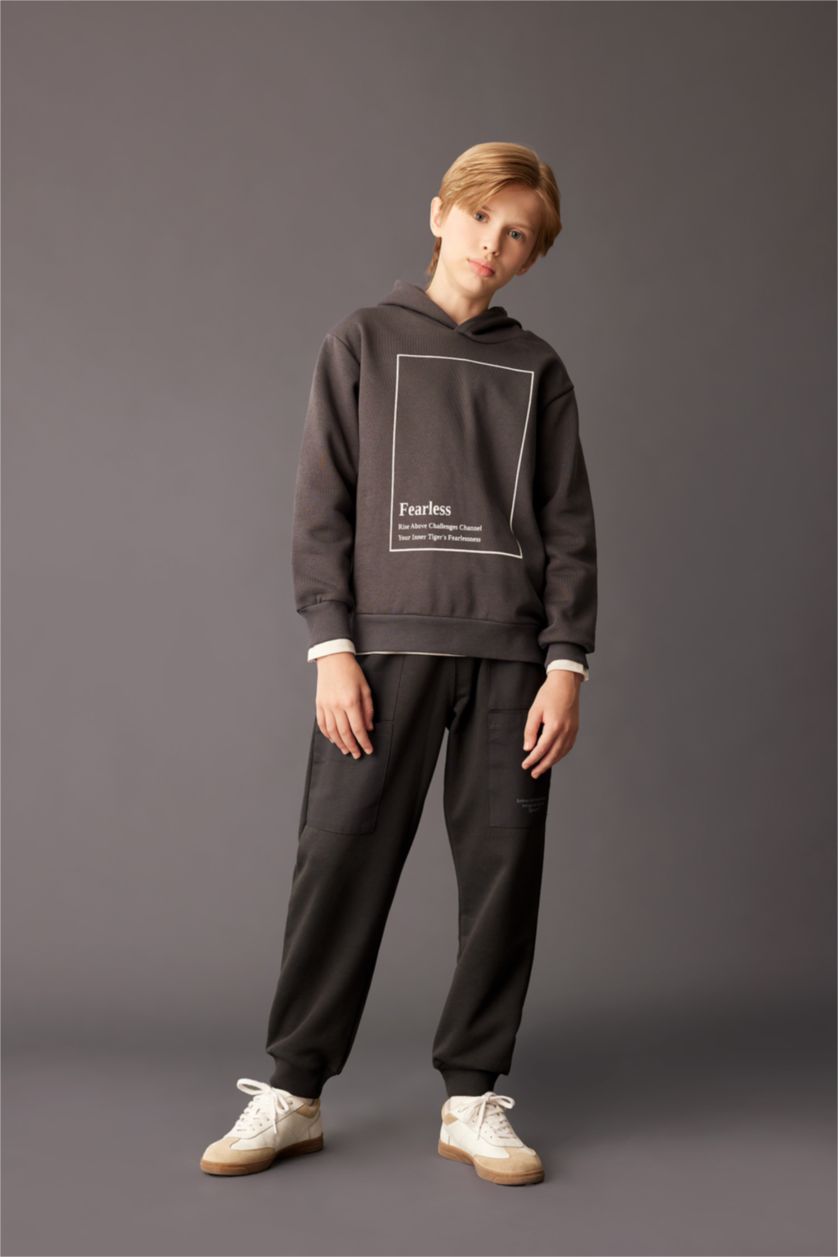 Erkek Çocuk - Genç Erkek Antrasit Antrasit Kapüşonlu Baskılı Sweatshirt Erkek Çocuk