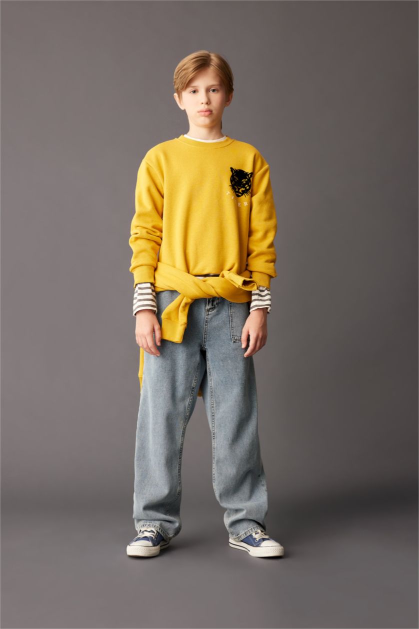 Erkek Çocuk - Genç Erkek Sarı Erkek Çocuk Sarı Bisiklet Yaka Kaplan Baskılı Sweatshirt