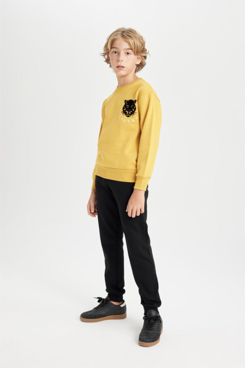 Erkek Çocuk - Genç Erkek Sarı Erkek Çocuk Sarı Bisiklet Yaka Kaplan Baskılı Sweatshirt