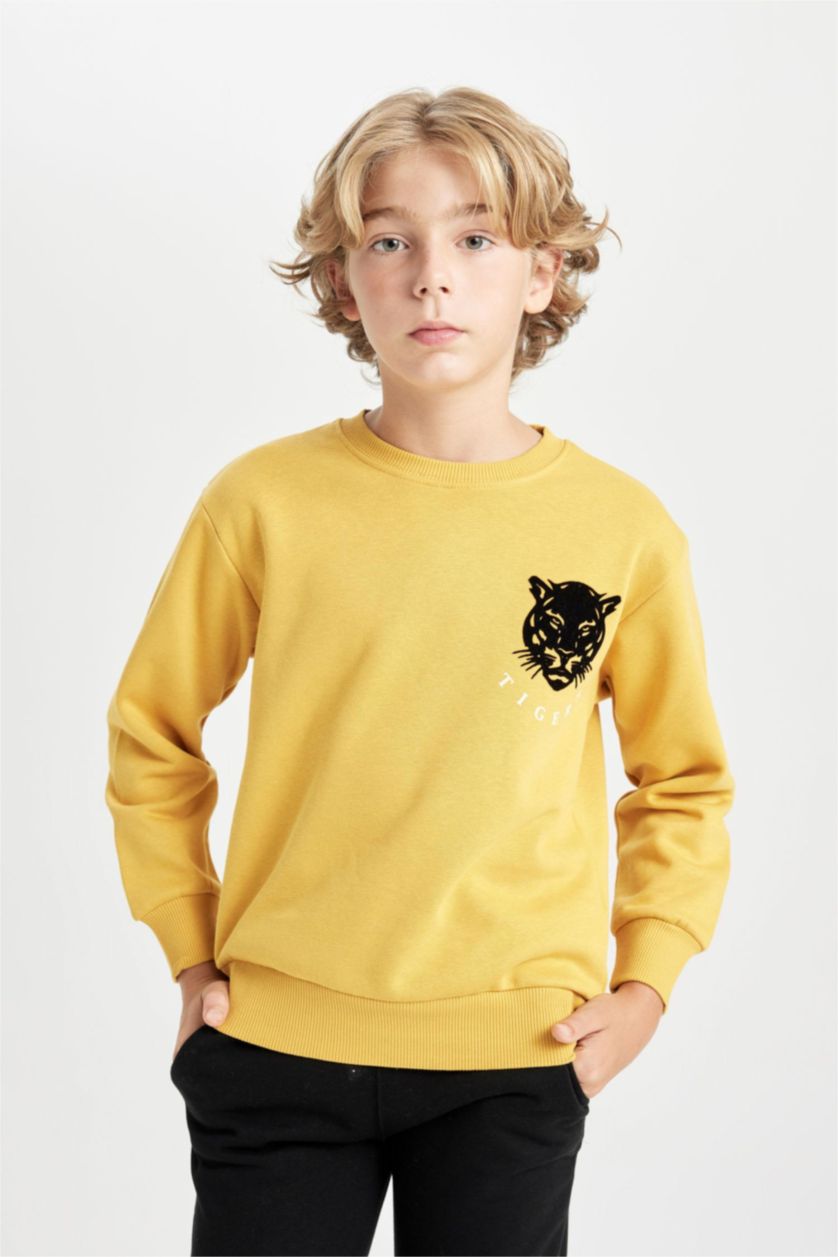 Erkek Çocuk - Genç Erkek Sarı Erkek Çocuk Sarı Bisiklet Yaka Kaplan Baskılı Sweatshirt