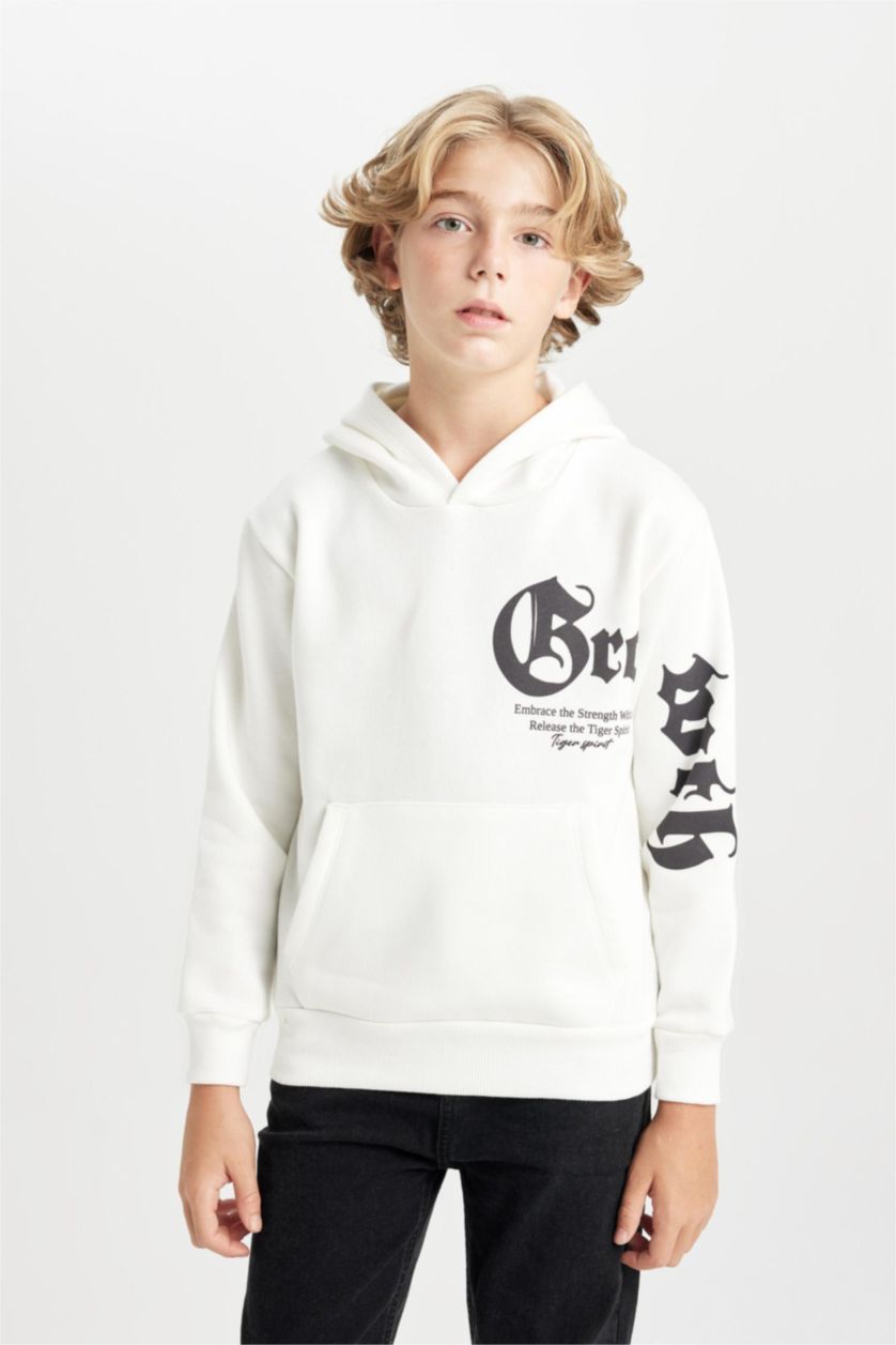 Erkek Çocuk - Genç Erkek Ekru Ekru Kapüşonlu Baskılı Sweatshirt Erkek Çocuk