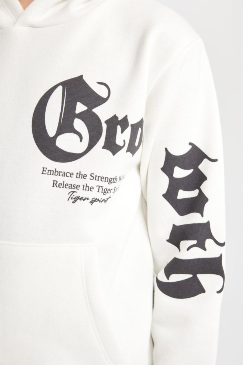 Erkek Çocuk - Genç Erkek Ekru Ekru Kapüşonlu Baskılı Sweatshirt Erkek Çocuk