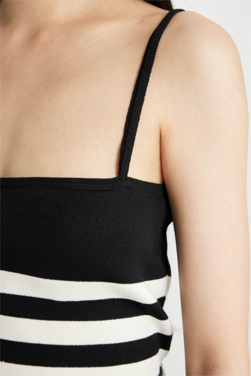 Kadın Siyah Fitted Çizgili Askılı Triko Atlet