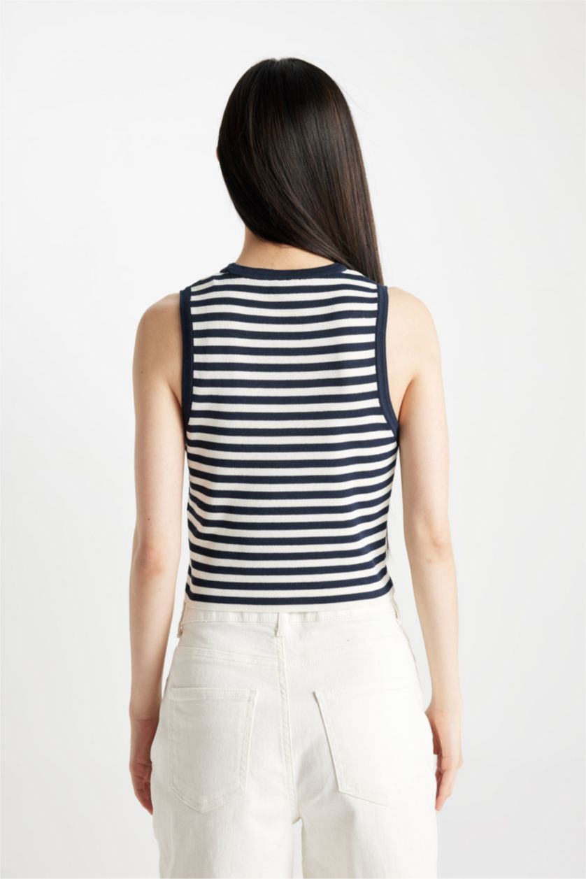 Kadın Lacivert Fitted Çizgili Halter Yaka Triko Atlet