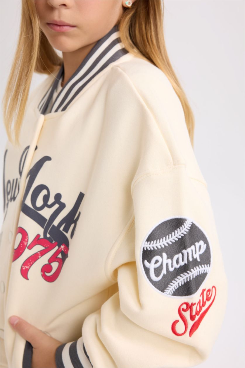 Kız Çocuk - Genç Kız Ekru Baskılı Kolej Yaka Bomber İçi Yumuşak Tüylü Hırka Kız Çocuk