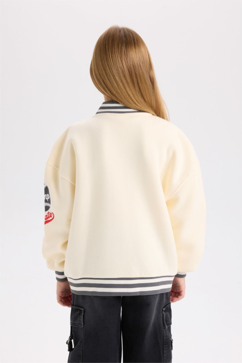 Kız Çocuk - Genç Kız Ekru Baskılı Kolej Yaka Bomber İçi Yumuşak Tüylü Hırka Kız Çocuk