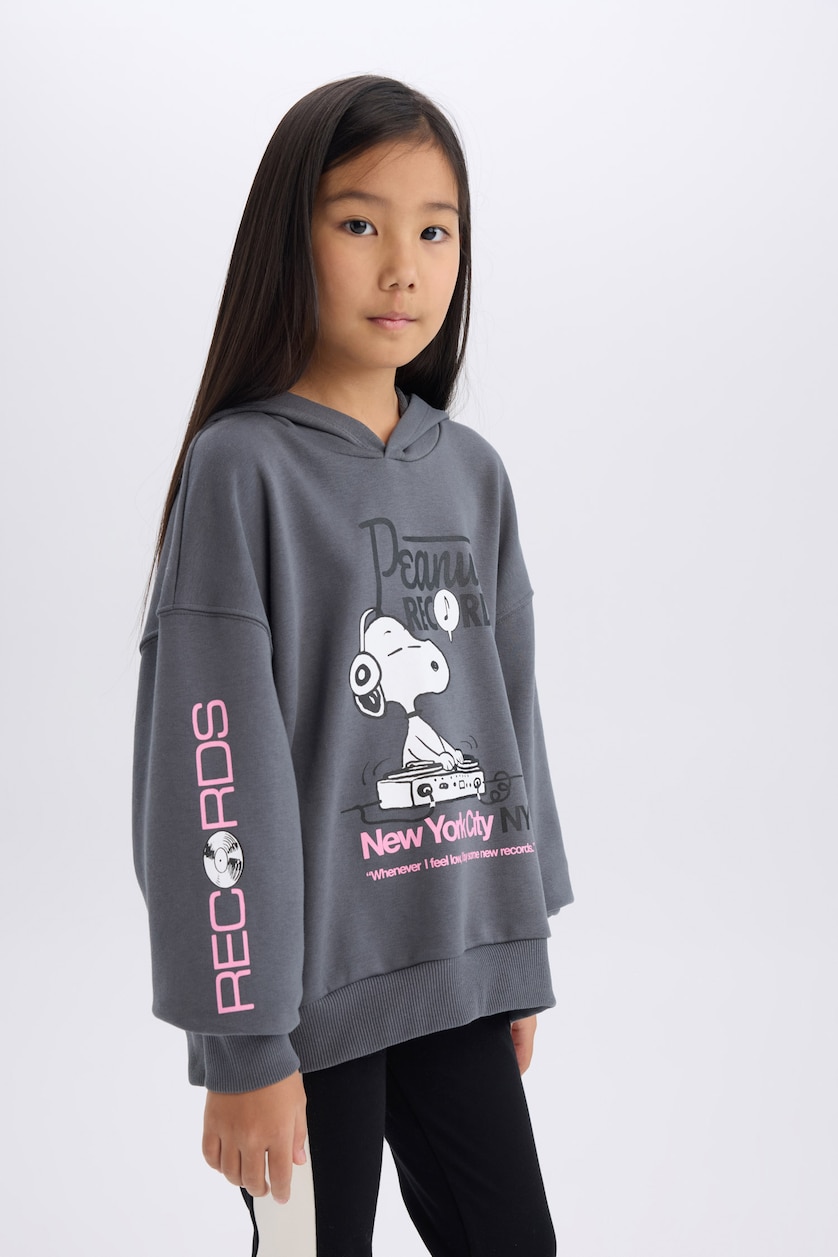 Kız Çocuk - Genç Kız Antrasit Kız Çocuk Snoopy Oversize Geniş Kalıp Kapüşonlu Sweatshirt